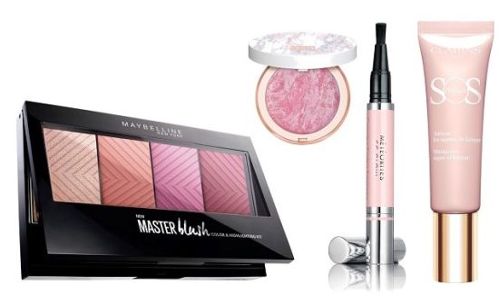 PRIMER ROSE של קלרינס, | CC Glow Pink של גרלן, | סומק MARBLED BLUSH - Highlighting Baked Maxi Blush של פופה, | פלטת סמקים מאסטר בלאש של מייבלין ניו יורק