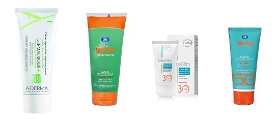 קרם עם מקדם הגנה 50, וג'ל אלוורה של לייף, קרם מקדם הגנה 30 של סבוקלאם, וקרם מרגיע של א-דרמה