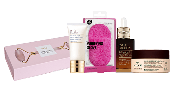NUXE melting honey body oil blam, ספוגית של לייף וסבון פנים של אסתי לאודר Advanced Night Micro cleansing, סרום של אסתי לאודר Advanced Might Repair, הגלגלת של SO.KO