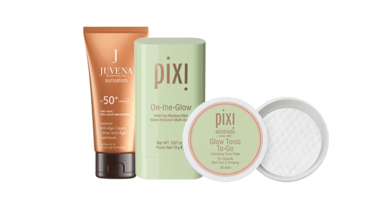 טוניק טו-גו של פיקסי לרענון, קרם הגנה לפנים 50spf וסטיק און דה גלואו של פיקסי 