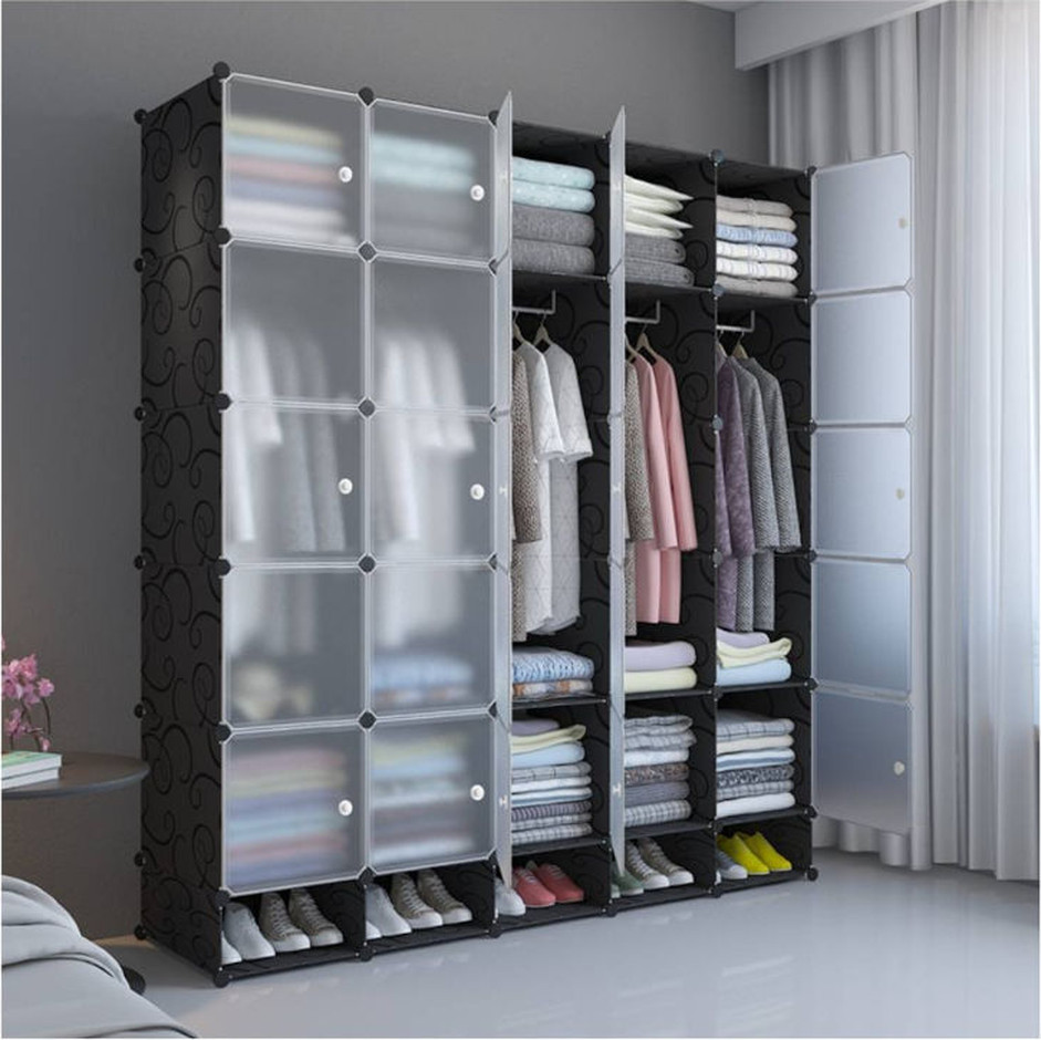 ארון אחסון מודולרי המשלב 10 תאי אחסון לבגדים ונעלים, 5 תאי תליה ו-5 תאים פתוחים לנעליים