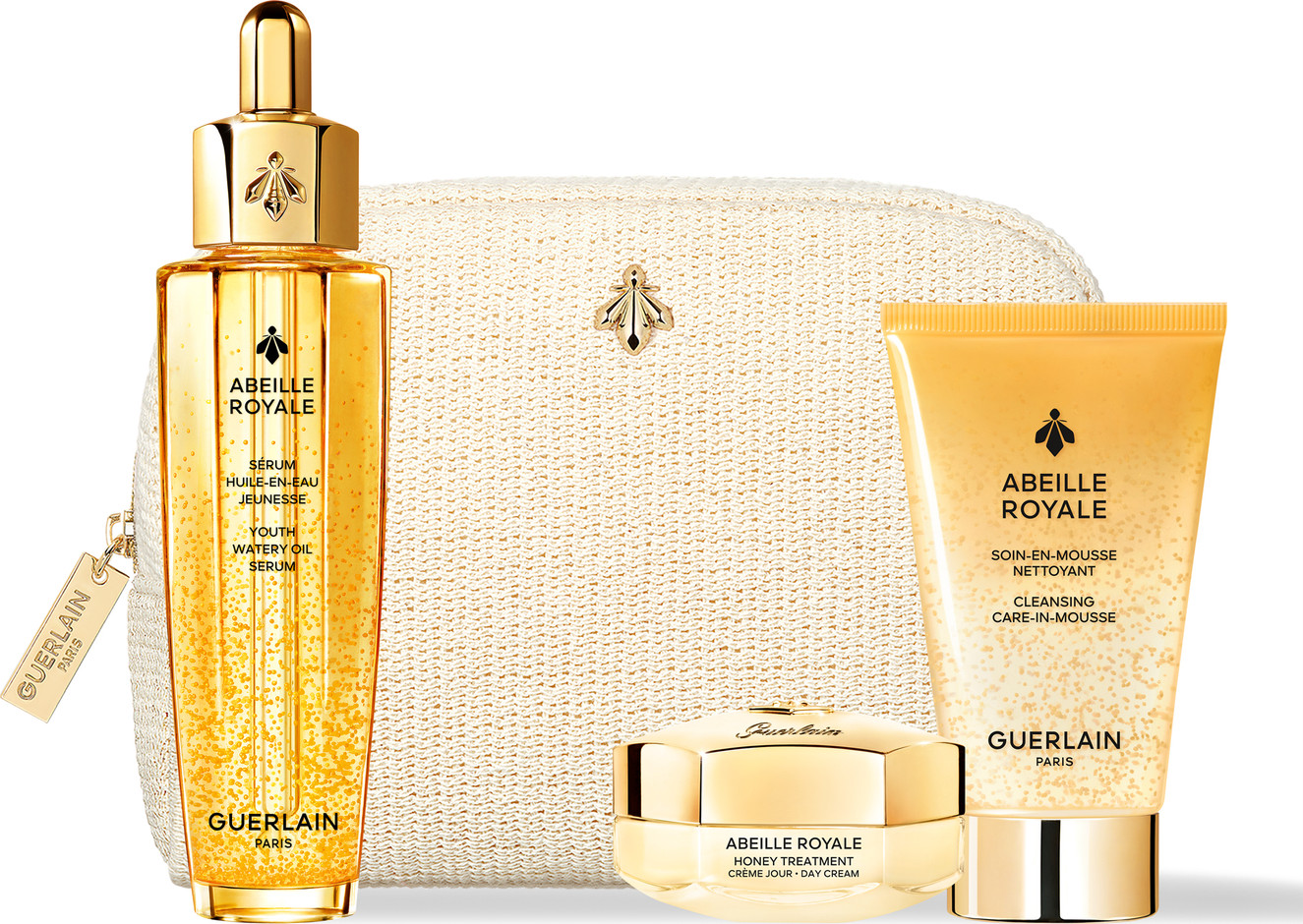 ‫GUERLAIN - ABEILLE ROYALE סט סרום + מוס ניקוי + קרם פנים + תיק יוקרתי ...