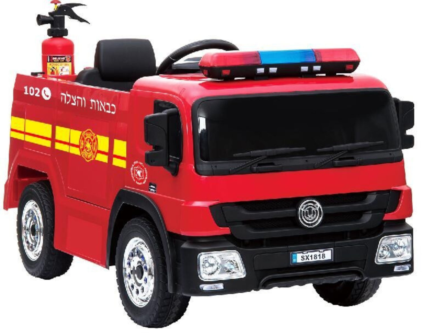 כבאית ממונעת 12V עם שלט, אפקטים, אורות ומטף משפריץ מים
