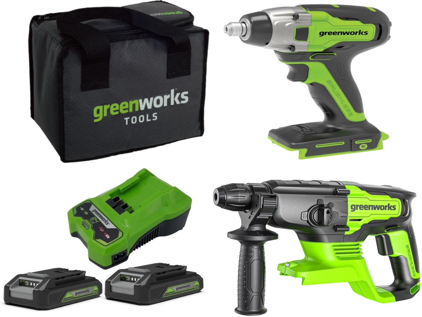 ‫Greenworks - צמד כלי עבודה BL חובה בכל בית! מברגת אימפקט ופטישון 24V 2 ...