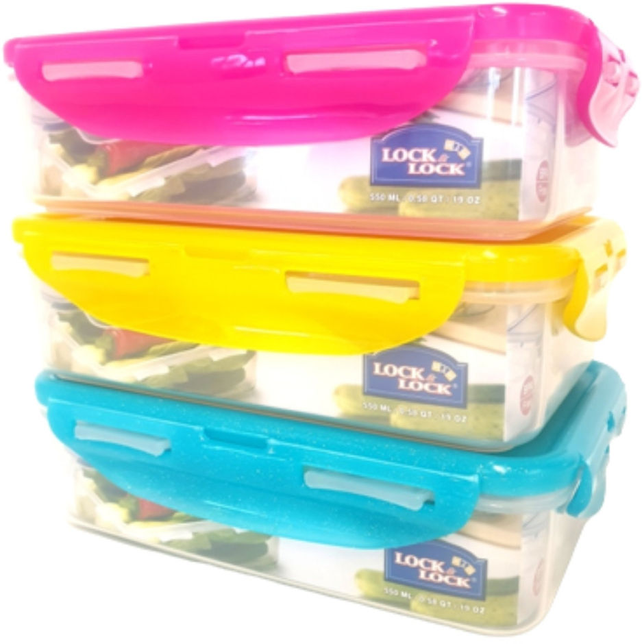 ‫Lock & Lock קופסאת אחסון פלסטיק מלבנית עם מכסים צבעוניים 550מ"ל