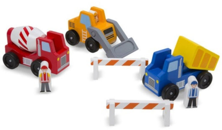 סט 3 רכבי בניה מעץ (מערבל בטון / משאית / שופל) + 2 דמויות ואביזרים