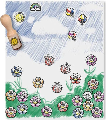 סט 10 חותמות ידית מעץ עם 6 כריות דיו צבעוניות ו 5 עפרונות עץ