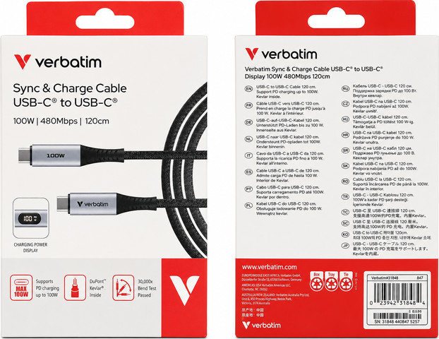 כבל Verbatim USB-C ל-USB-C עם צג הספק דיגיטלי 100W – טעינה מהירה PD – אורך 1.2 מטר
