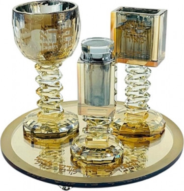 סט הבדלה קריסטל מוזהב דגם מדרגות 19x22 ס"מ כולל מגש