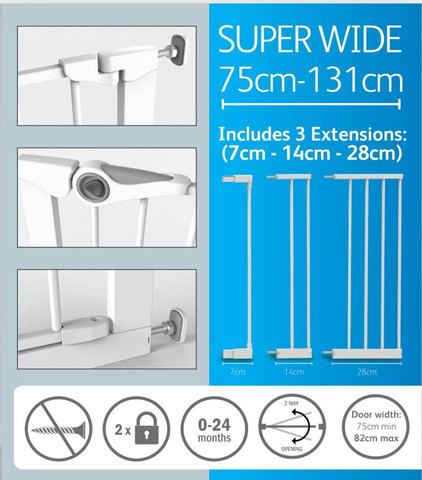 שער לחץ בטיחותי לפתחים 75-131 סמ דגם Easy Fit Super Wide צבע לבן