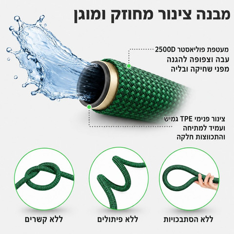 צינור מתכווץ מקצועי לגינה בצבע ירוק | 2.5 עד 7.5 מטר