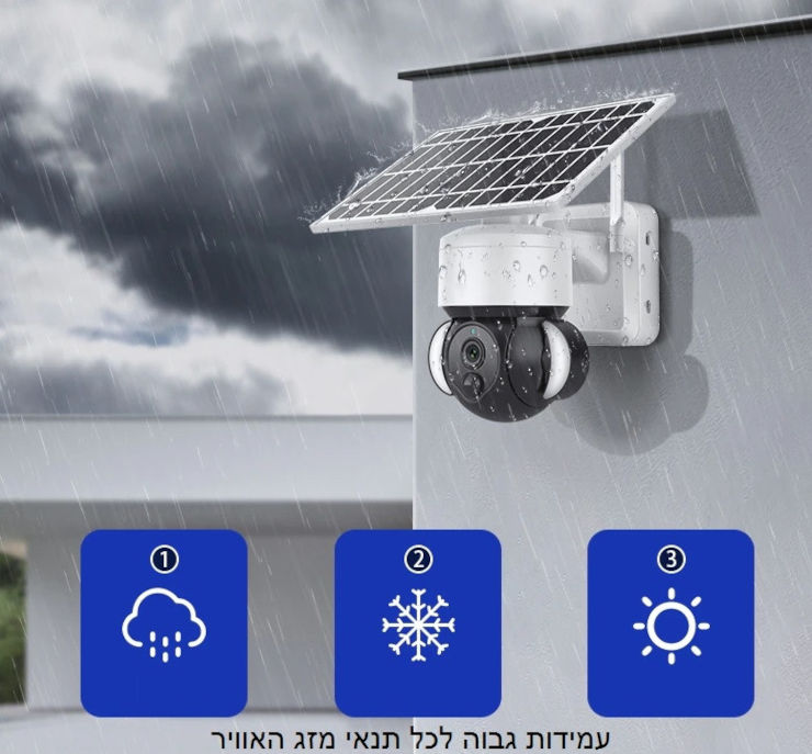 מצלמת אבטחה אלחוטית סולארית WIFI IP 1080 ממונעת 360 לתנאי חוץ קשים ללא חיבור לחשמל עם תאורת חירום