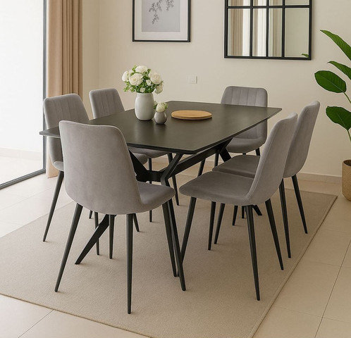 פינת אוכל מקרמיקה דגם פירנצה 140X80 עם 6 כיסאות קטיפה בגוון אפור בהיר דגם ריברה 