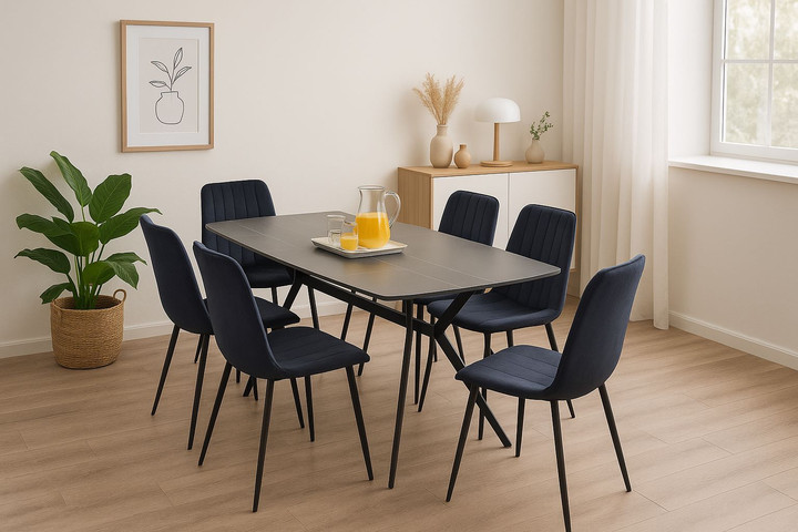 פינת אוכל מקרמיקה דגם פירנצה 140X80 ס"מ עם 6 כיסאות קטיפה שחורה דגם ריברה 