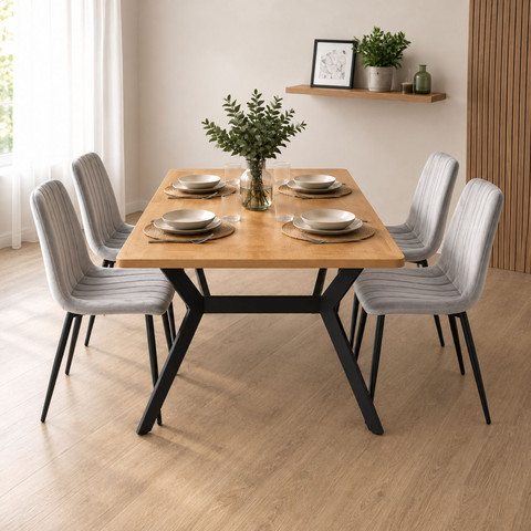 פינת אוכל 140X80 ס"מ פלטת MDF, כולל 4 כיסאות קטיפה בגוון אפור בהיר דגם אייקון-ריביירה