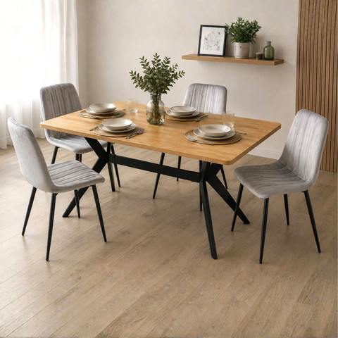 פינת אוכל 140X80 ס"מ פלטת MDF, כולל 4 כיסאות קטיפה בגוון אפור בהיר דגם אייקון-ריביירה