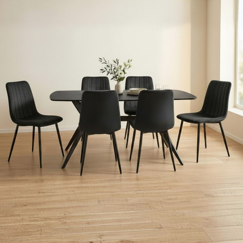 פינת אוכל מקרמיקה 140X80 פלטה בגוון שחור מט כולל 6 כיסאות קטיפה בגוון שחור דגם טוסקנה-ריביירה