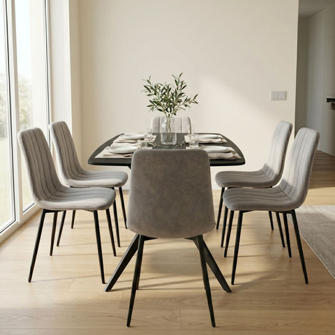 פינת אוכל מקרמיקה 140X80 פלטה בגוון שחור מט כולל 6 כיסאות קטיפה בגוון אפור בהיר דגם טוסקנה-ריבייר