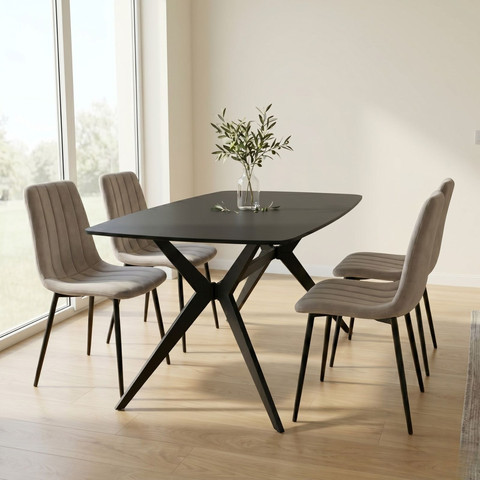 פינת אוכל מקרמיקה 140X80 ס"מ בגוון שחור מט כולל 4 כיסאות קטיפה בגוון אפור בהיר דגם טוסקנה-ריביירה