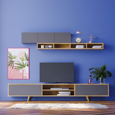 מזנון טלוויזיה  + סט מדפים תואם ברוחב 1.70 דגם Rose רוז אפור  מבית Twins Design