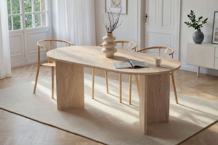 שולחן אוכל דגם Travertine – עיצוב שיש יוקרתי בגוון טרוורטין טבעי