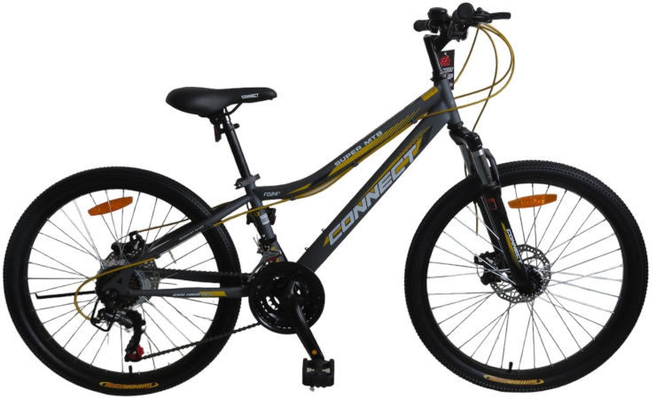 אופני הרים לנוער קונקט MTB במידה "24 עם 21 הילוכים, בלמי דיסק ובולם זעזועים קדמי - אפור/צהוב
