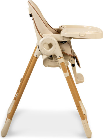 כסא אוכל מפואר לילדים Woody שלד דמוי עץ, בריפוד דמוי עור, מצבי שכיבה וגובה - בז'/דמוי עץ