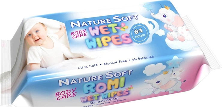 חבילת חיסכון: 14 חבילות מגבונים ROMI SOFT לתינוק, ספיגה כפולה, בישום אלוורה עדין, ללא אלכוהול
