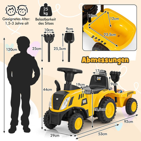 בימבה טרקטור קטרפילר CAT עם אורות וצלילים, עגלה מתחברת ו 2 כלי חפירה למשחק