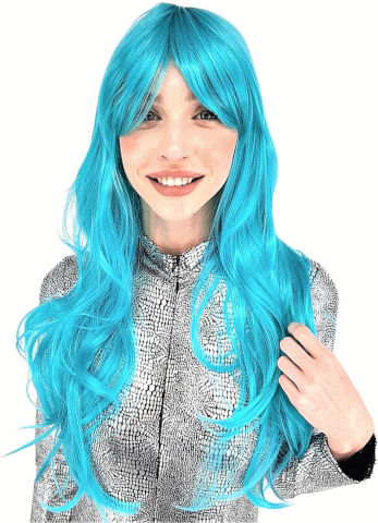פאה ארוכה שיער גלי כחול טורקיז איכותית