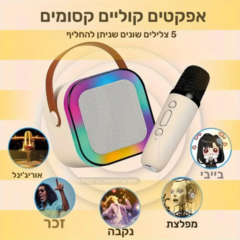 מערכת קריוקי ניידת עם 2 מיקרופונים אלחוטיים ותאורת LED צבעונית לילדים