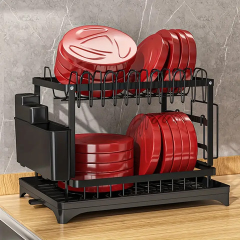 מתקן ייבוש כלים דו-שכבתי | עם ניקוז ואחסון סכו״ם צבע לבן