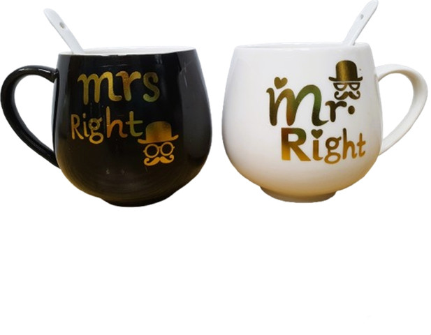 סט 2 ספלים לזוגות Mr.Right/Mrs.Right – עם כפיות