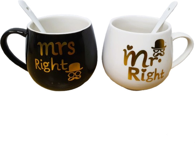 סט 2 ספלים לזוגות Mr.Right/Mrs.Right – עם כפיות