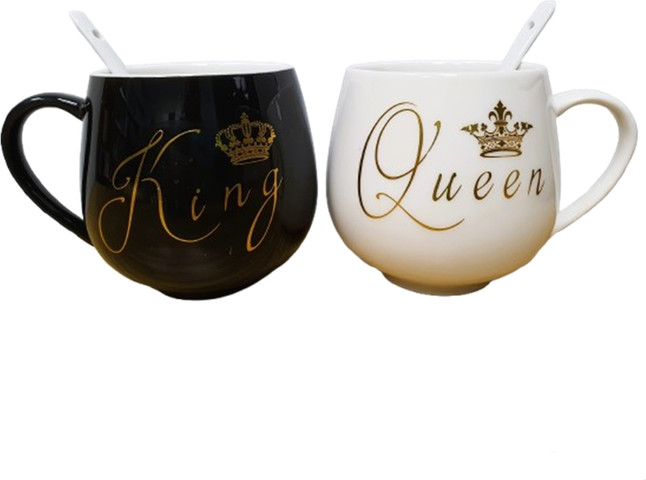 סט 2 ספלים לזוגות King/Queen – עם כפיות