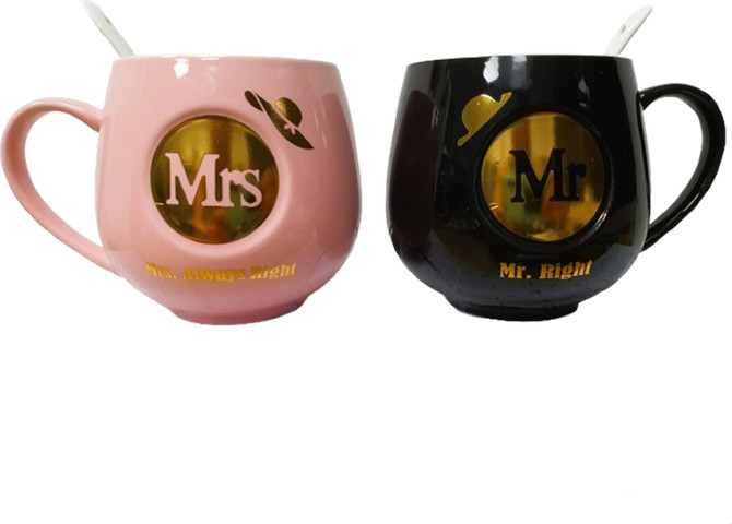 סט 2 ספלים לזוגות Mr.Right/Mrs.Always Right – עם כפיות