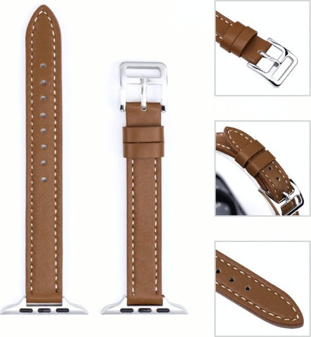 רצועת עור צרה לשעון אפל ווטש 44/45/46/49mm צבע Beige אבזם כפול כסף