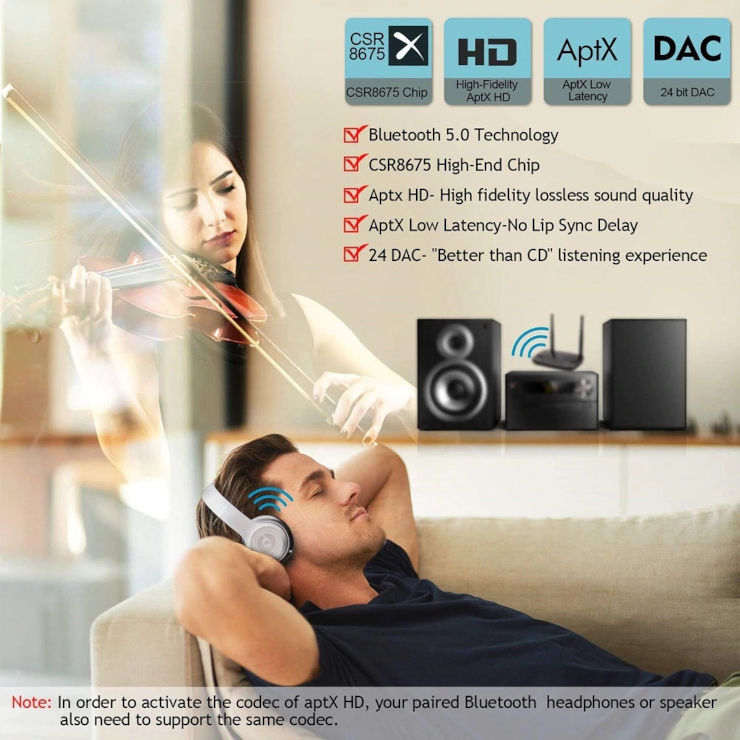 מקלט / משדר מתאם בלוטוס 5.0 APT-X - טווח מוגדל – כולל SPDIF (חיבור אופטי) תמיכה ב2 אוזניות / רמקולים בו זמנית