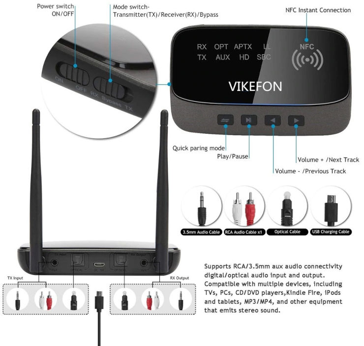 מקלט / משדר מתאם בלוטוס 5.0 APT-X - טווח מוגדל – כולל SPDIF (חיבור אופטי) תמיכה ב2 אוזניות / רמקולים בו זמנית