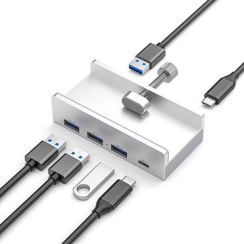 מפצל USB 3.0 איכותי בתצורת קליפ עם 3 שקעי USB ושקע TYPE C - ניתן לחבר למסך או שולחן - גוף אלומיניום