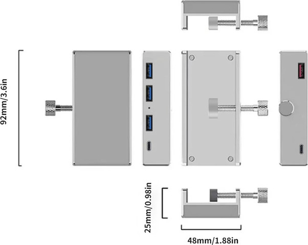 מפצל USB 3.0 איכותי בתצורת קליפ עם 3 שקעי USB ושקע TYPE C - ניתן לחבר למסך או שולחן - גוף אלומיניום
