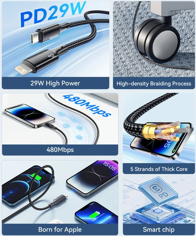 כבל טעינה וסנכרון לאייפון LIGHTNING ל TYPE C - טעינה מהירה PD עד 29W - אורך 2 מטר