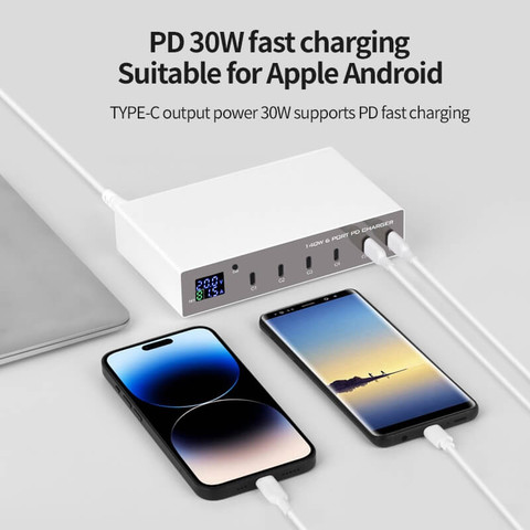 מטען שולחני 140W GaN עם 6 יציאות USB-C – תחנת טעינה לסמארטפונים וטאבלטים