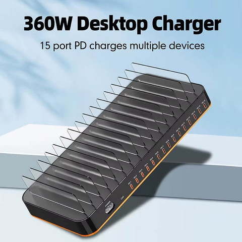 מטען שולחני  | תחנת טעינה 360W עם 15 יציאות USB-C PD – טעינה מהירה למשרדים, מעבדות ועמדות עבודה