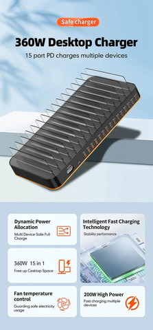 מטען שולחני  | תחנת טעינה 360W עם 15 יציאות USB-C PD – טעינה מהירה למשרדים, מעבדות ועמדות עבודה