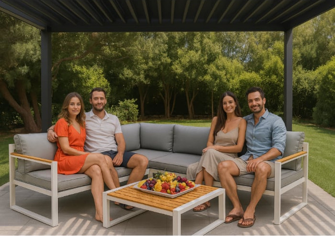 מערכת ישיבה פינתית לגינה – שלדת מתכת לבנה עם שולחן ודמוי עץ