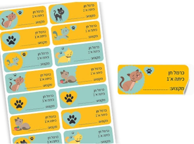 סט 14 מדבקות בית ספר למחברות עם הדפסת שם הילד/ה + כיתה ומקום לרשום מקצוע