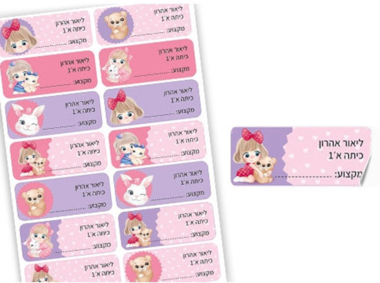 סט 14 מדבקות בית ספר למחברות עם הדפסת שם הילד/ה + כיתה ומקום לרשום מקצוע