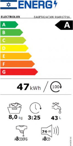 מכונת כביסה פתח חזית 8 ק"ג 1200 סל"ד Electrolux EA6F5824CXM