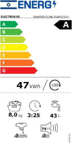 מכונת כביסה פתח חזית 8 ק"ג 1200 סל"ד Electrolux EA6F5827CXM